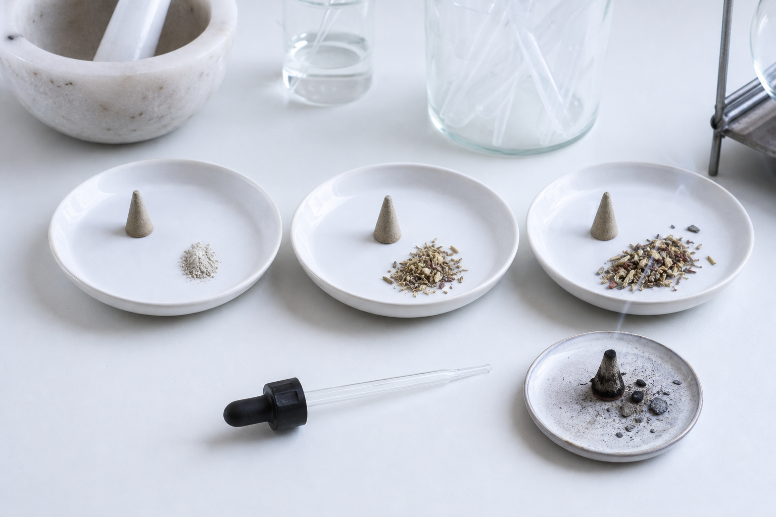 Basis en twee aromatische wierookproeven voor diagnose van verbrande geur