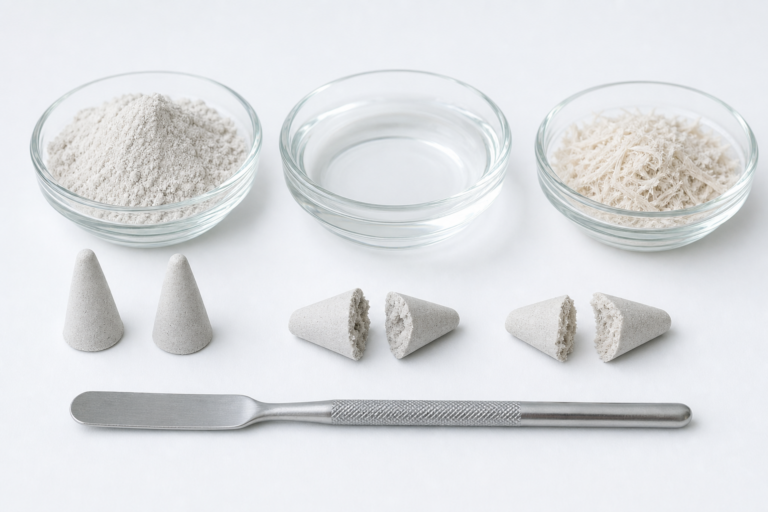 Makko en gom naast gelijke wierookproefstukken op een witte werktafel