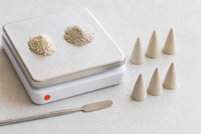 Twee kleine wierookbatches met verschillende makkoverhouding op een witte meettafel
