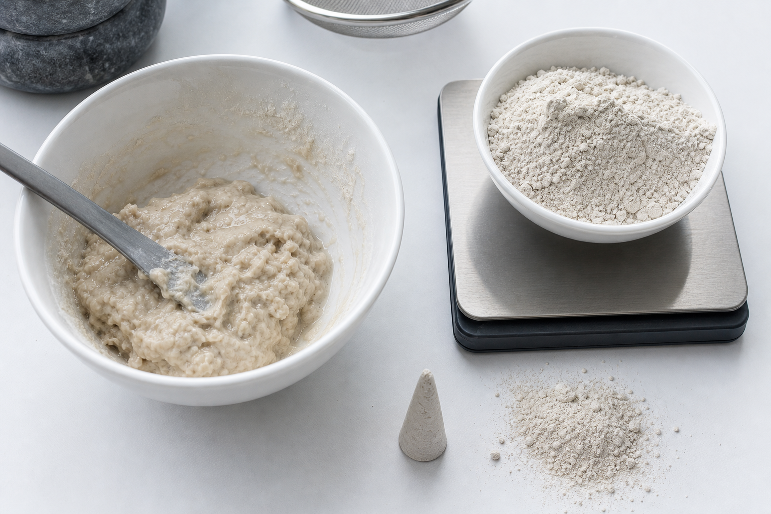 Te nat wierookdeeg naast dezelfde droge premix en een gecorrigeerde proefkegel